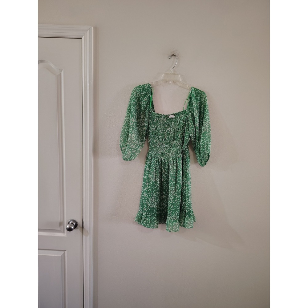 Sienna Sky Green Floral Smocked Mini Dress Puff Sleeve Square Neck Ruffle Hem S